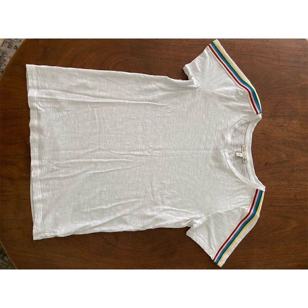 Express Women's White T-Shirt Rainbow Striped Sleeves Size S Casual Crew Neck